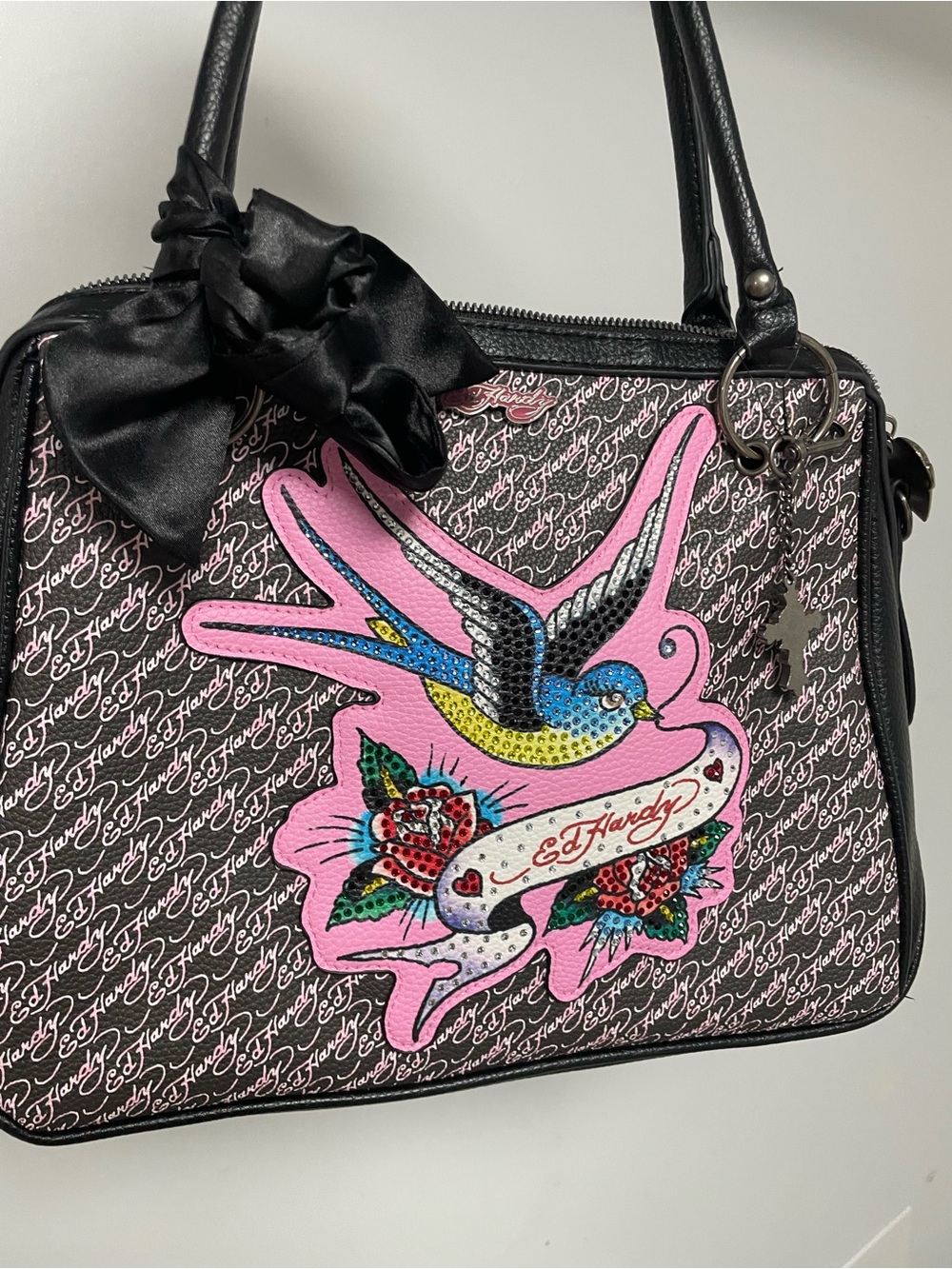 Ed Hardy Black Shoulder Bag with Pink Bird Applique